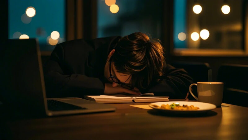 Exhausted Employee Working Overtime 
