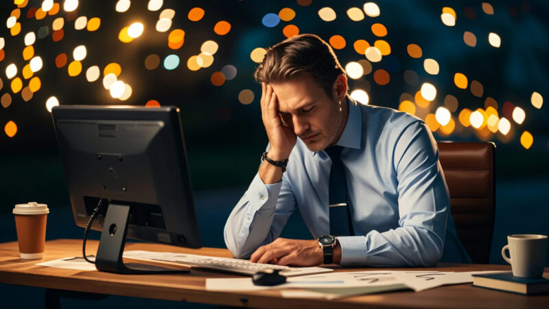 Exhausted Businessman Working Overtime