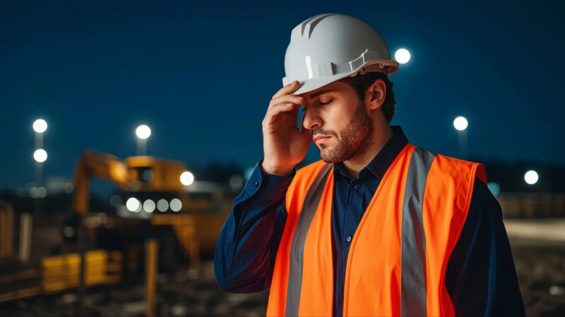 Tired Construction Worker Works Overtime 