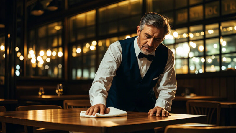 Tired Waiter Cleaning a Table Late at Night