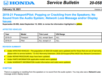 honda speaker noise lawsuit tsb