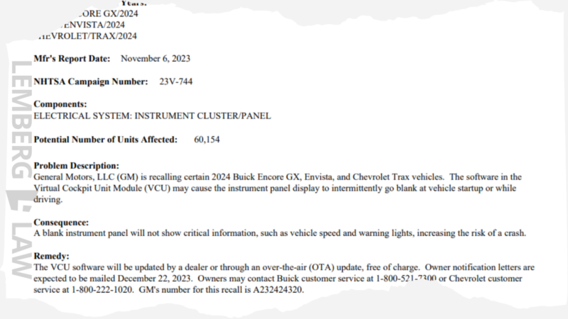 Chevy Trax Blank Dashboard Recall Snippet 23V-744